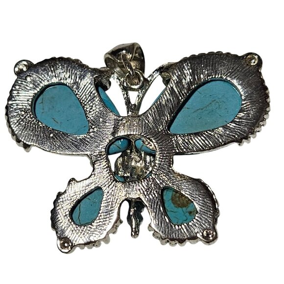 Southwest Turquoise Silver Tone Butterfly Pendant Textured Detail Boho Jewelry - Picture 2 of 4